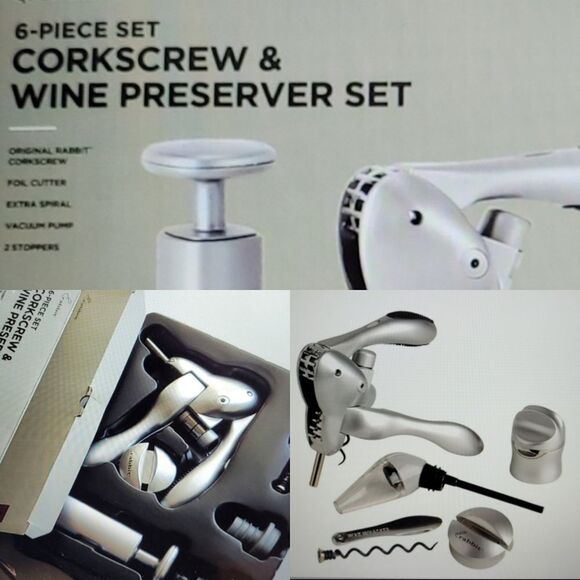 NEW 6 PIECE WINE PRESERVER + CORKSCREW silver stainless matching SET RABBIT NWT - Picture 1 of 6